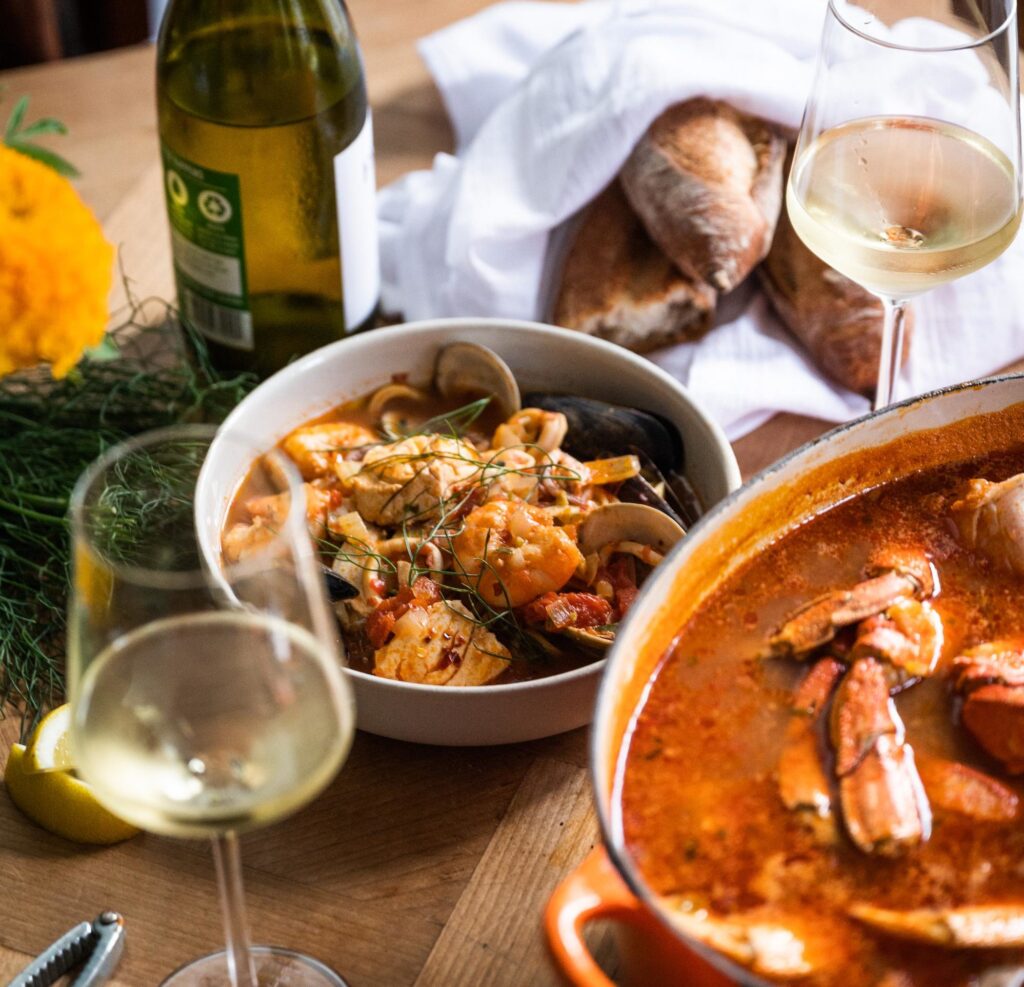 Cioppino and Mesa del Sol white wine