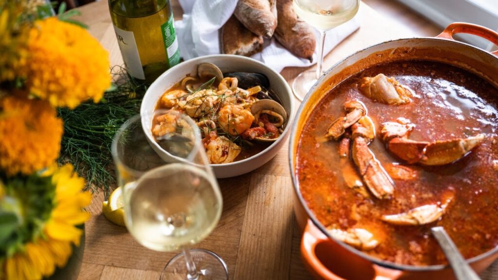 Christmas eve tradition: seafood cioppino with white wine